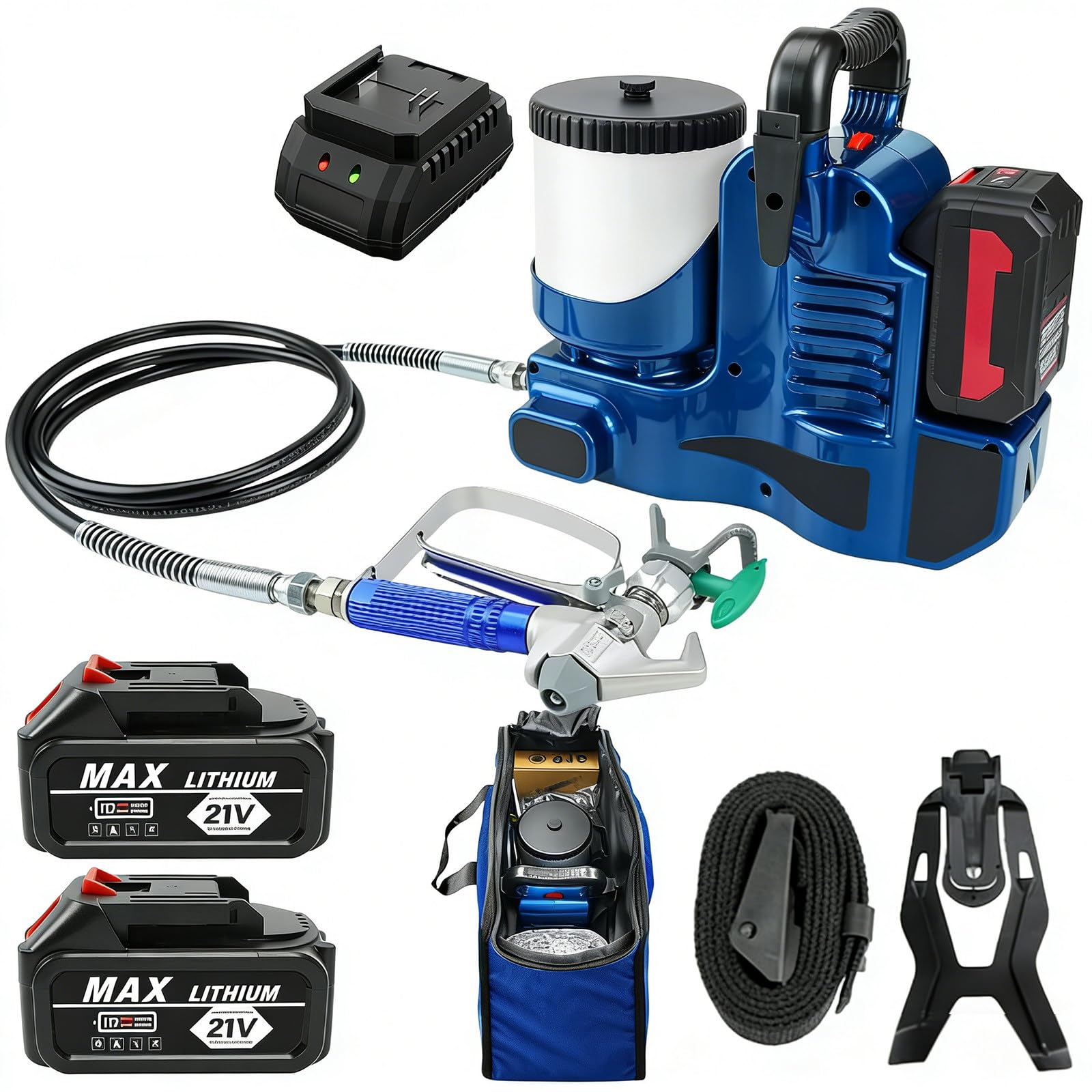 1,2-l-Airless-Farbspritzgerät, 750-W-Farbspritzpistole 12,5 MPa, 6-stufig Einstellbarer Druck, mit Zwei 21-V-Batterien und 1,80 m Schlauch, 2 l/min Durchflussrate, für Wände und Dä 2battery