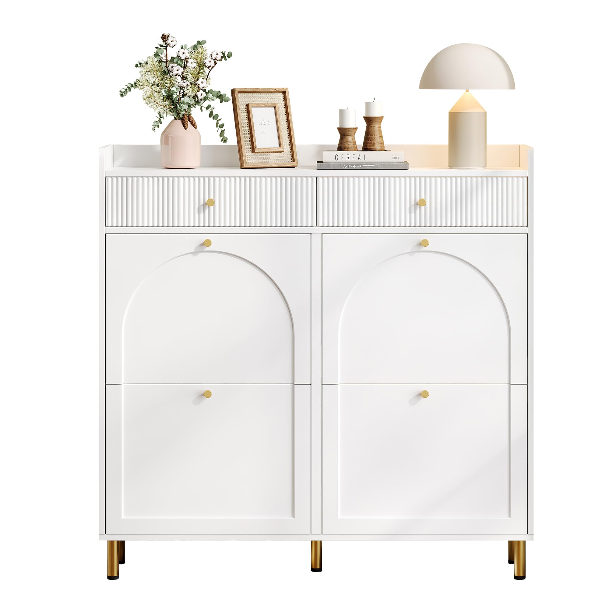 BTM Narrow Shoe Storage Cabinet with 4 Flip Doors, 2 Drawers & Shelf, Shoe Organizer Rack for Hallway, Entryway White