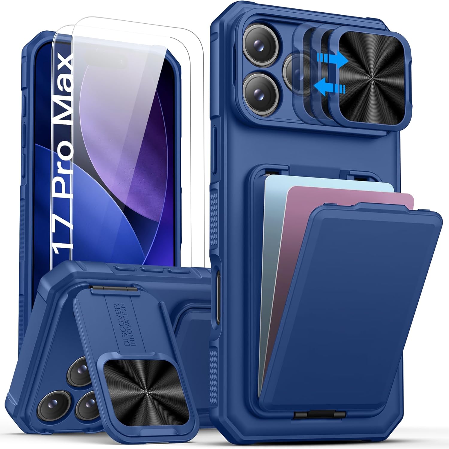 SSLOTSCASE for iPhone 17 Pro Max Case with 2X Screen Protector, Kickstand & Credit Card Holder & Sliding Lens Cover & Camera Stand & Wallet, Silicone Edge Protective Cover for iPhone 17 Pro Max, Blue Blue with Screen Protector iPhone 17 Pro Max