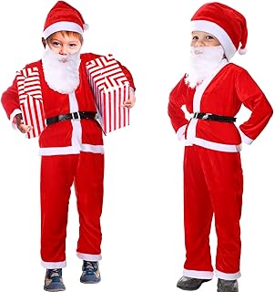 JaGely 2 Set Boys Costume Suit with Santa Claus Belt, Beard, Hat, Christmas Kids Party Cosplay Suit for Boy 5-9 Years, Red, White