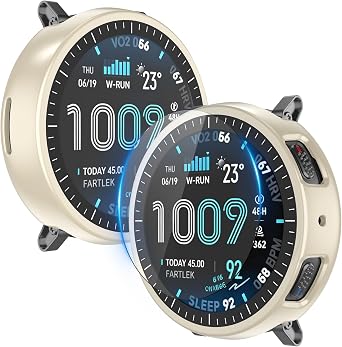 OVERSTEP オールインワンケース スケールデザイン & 強化ガラス Amazfit Active Max用 ハードPCカバー スクリーンプロテクター付き 傷防止 落下防止 光沢アイボリーホワイト