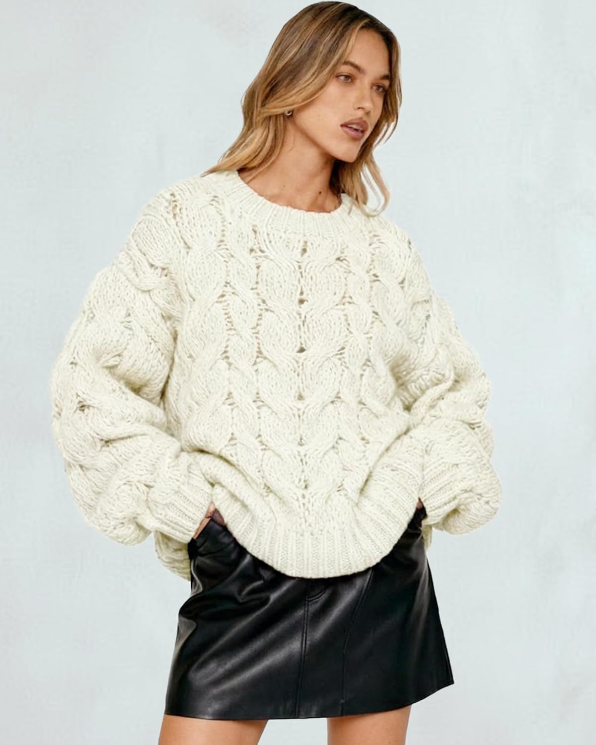 Women's Oversized Chunky Cable Knit Sweater Long Sleeve Crew Neck Crochet Fall Pullover Tops - Image 6