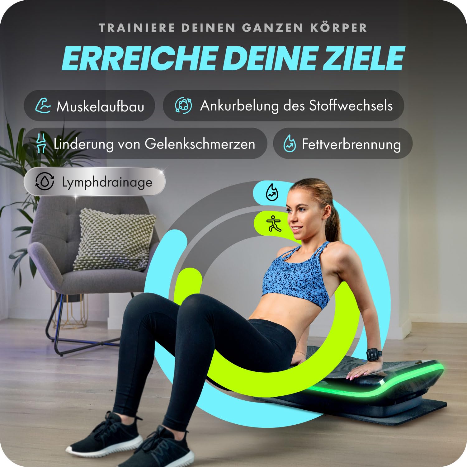 Bluefin® 4D-Vibrationsplatte-Trainingsgerät zum Abnehmen, für die Muskelregeneration und Lymphdrainage, 3 Motoren mit Widerstandsbändern & Zugseilen für EIN effektives Ganzkörpertraining