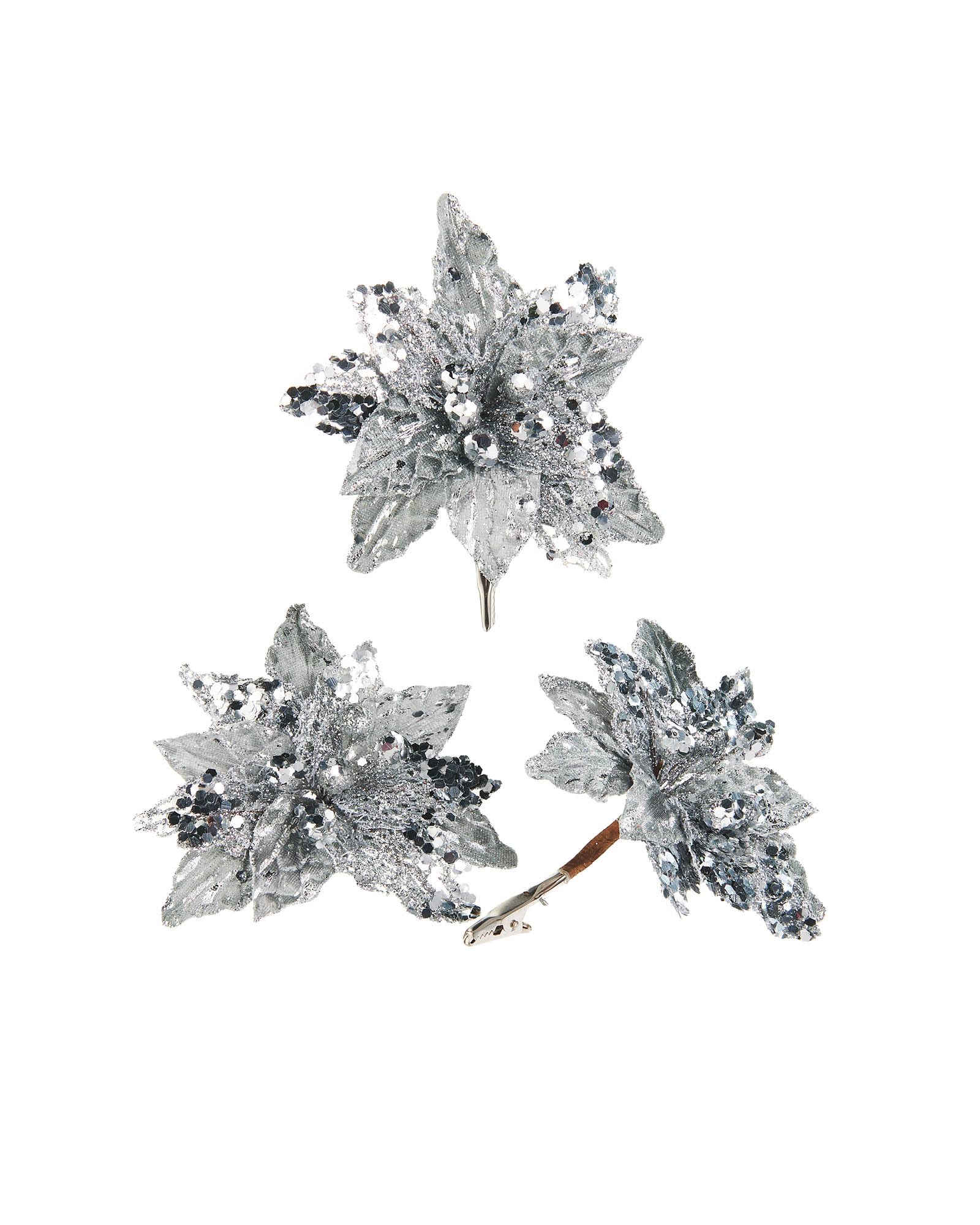 WeRChristmas Artificial Silver Poinsettia Flower with Clip, 3 Pack