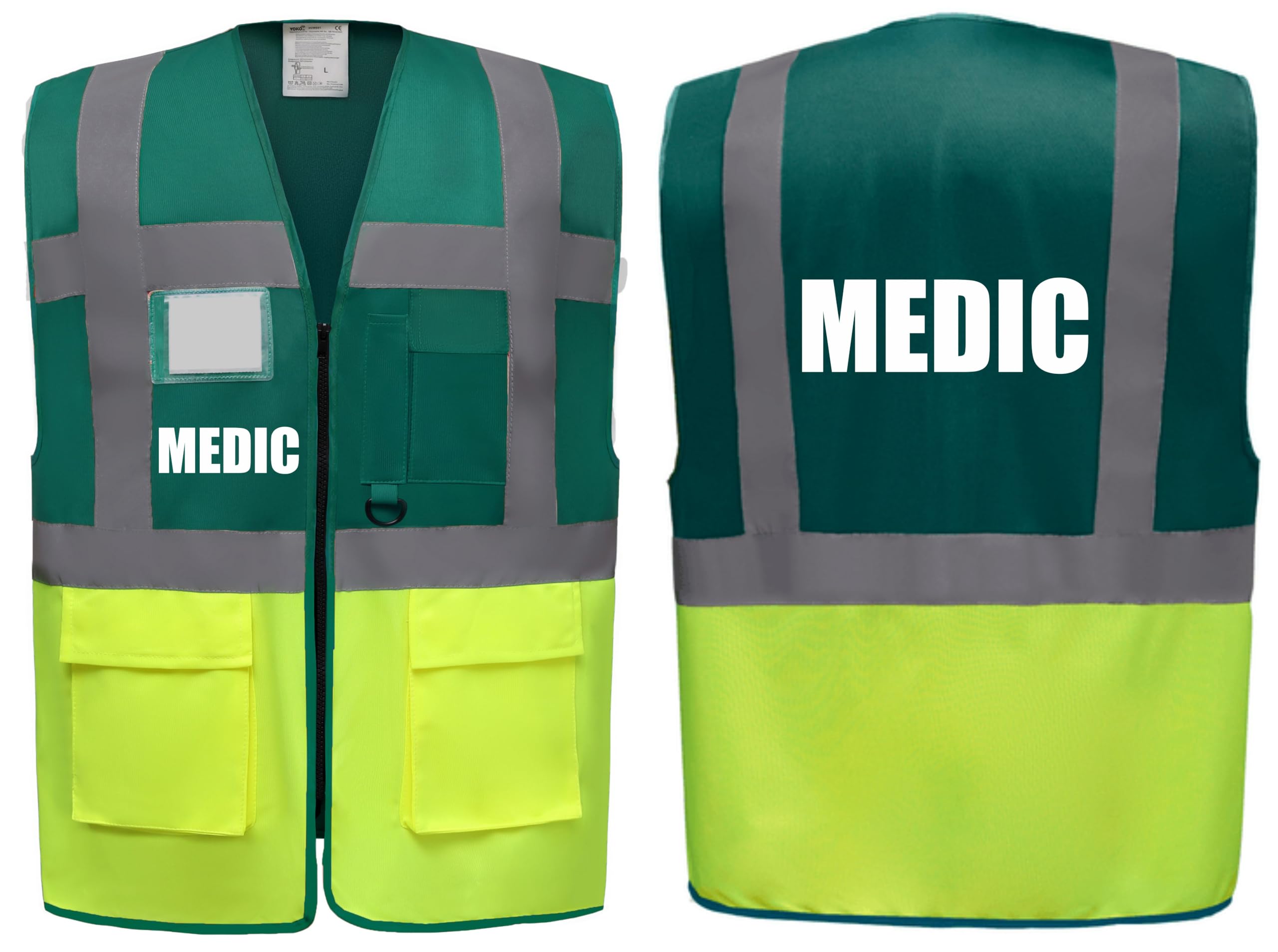 Medic Superior Green/Yellow Hi Vis Zipped Safety Vest - High Visibility Waistcoat with Reflective Bands for Company Compliance First Aid & Medical Staff, Brook Hi Vis (Green/Yellow, 3XL)