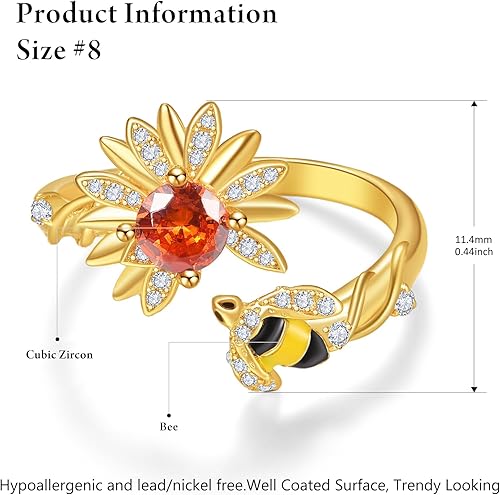 Miniatura 3 de Dreamboat Sterling Silver Sunflower Rings for Women Gold Ring Adjustable Spinner Ladybug Bee Flower Rings Flower Rings Cute Jewelry Gifts