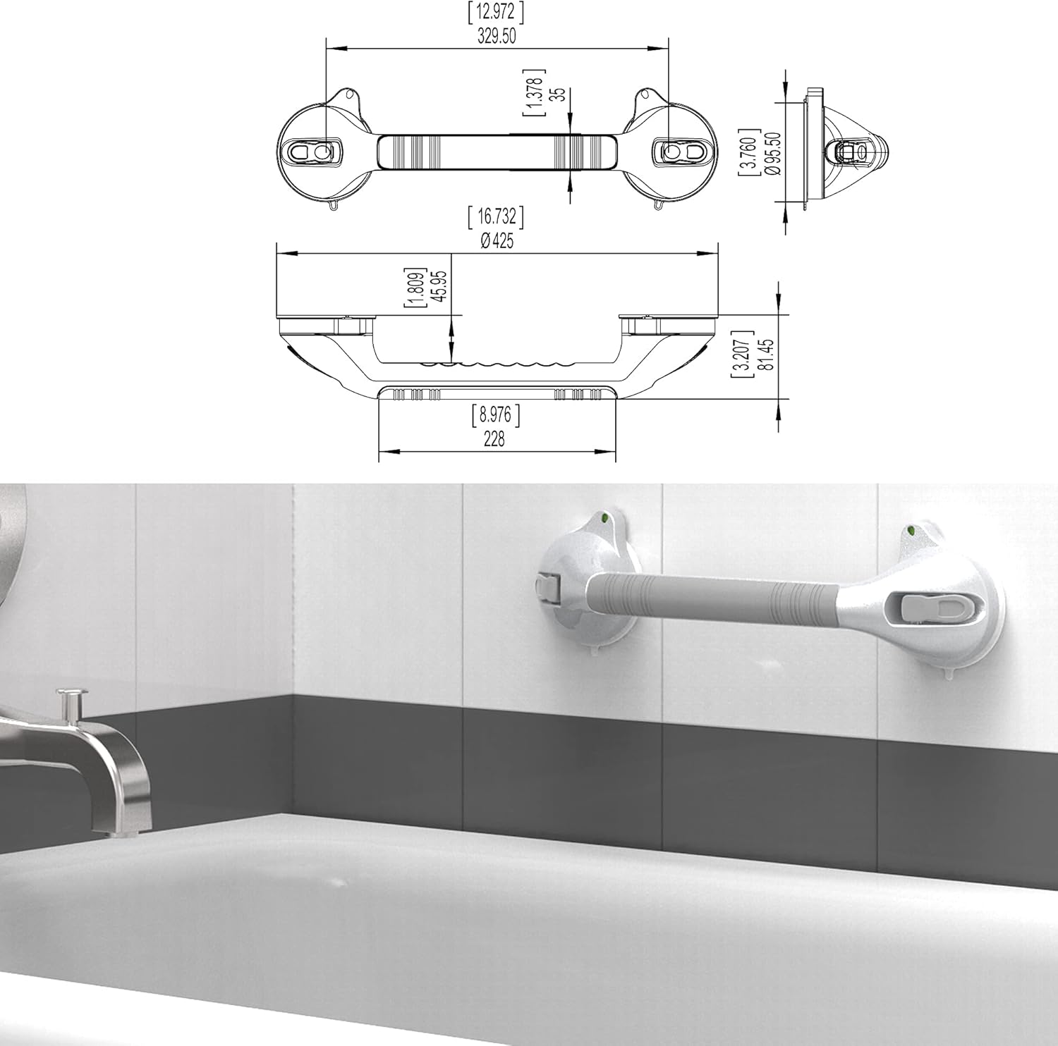 SAFETY+BEAUTY 16.5in Suction Bath Grab Bar with Indicators, Balance Assist Bathroom Shower Handle (Silver/Grey, Pack of 2) : Health & Household