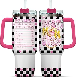 Best Mom Ever Gifts, Mom Fashion Checked Nutrition Facts, Tumbler 40 Oz With Handle Lid And Straw, Steel Cups Green Parade Camelia Print Stainless Simple Red Rose Gold Water