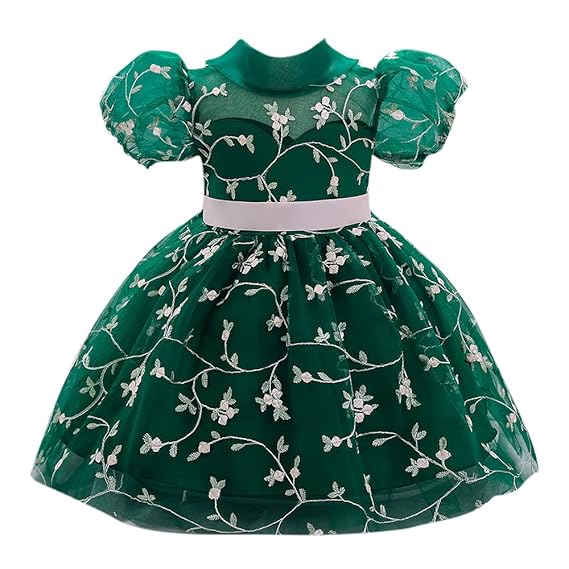 Hopscotch Baby Girls Polyester and Viscose Short Puff Sleeves All Over Printed Party Dresses in Green Color