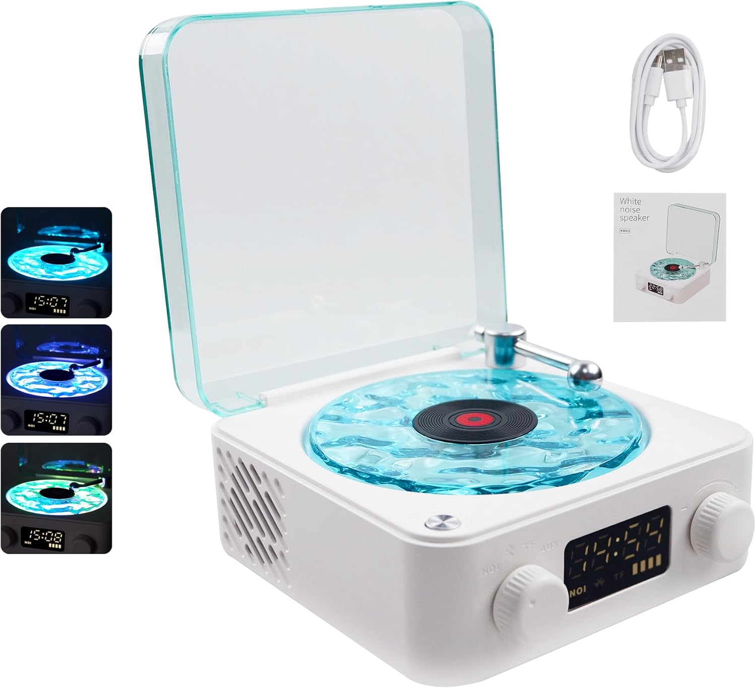 Wave Vinyl Bluetooth Speaker with Adjustable Ambient Lights,Music Player with 4 Modes,Vintage Record Model Players with Time,Small Record Player for Room Desk,Waves Speaker (White)