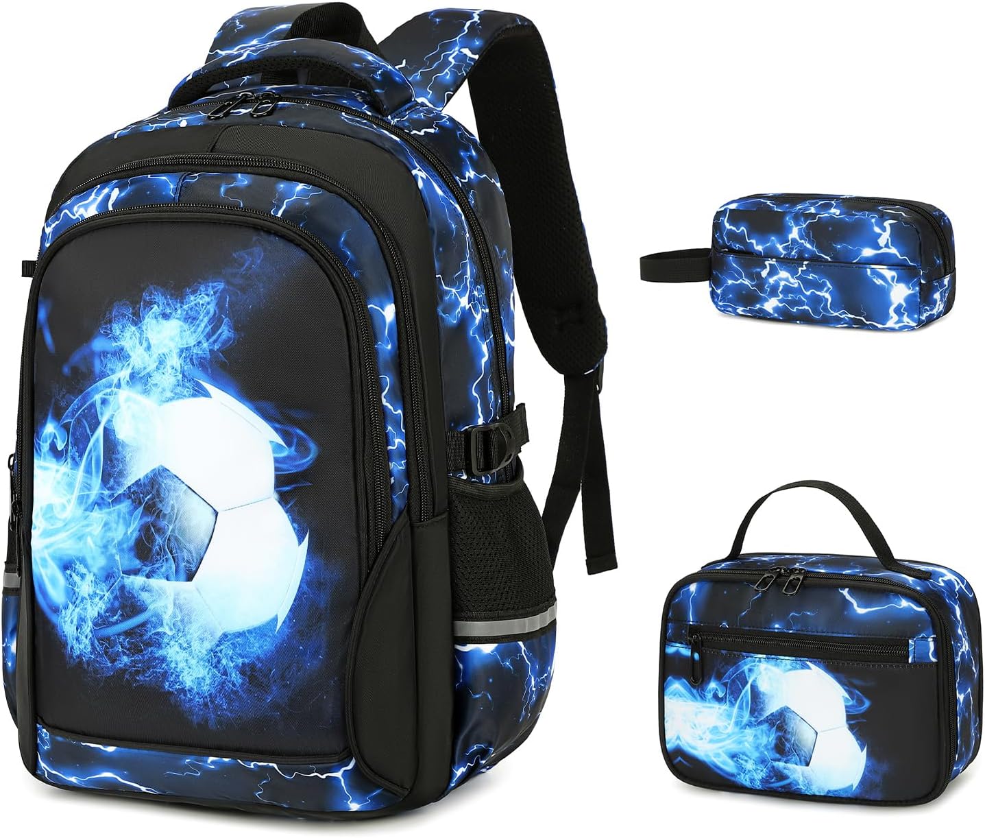 3 Piece Kids Backpack for Boys, Soccer Design with Lunch Bag & Pencil Case