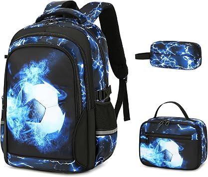 3 Piece Kids Backpack for Boys, Soccer Design with Lunch Bag & Pencil Case