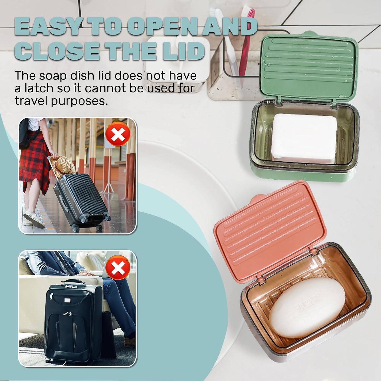 2Pcs Soap Dish Holder with Drainage Tray and Lid, 2 Layers Removable Bar Soap Case Container, Large Waterproof Soap Box for Shower Bathroom Sink, Pink+Green