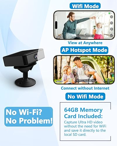 Miniatura 2 de Mini cámara de seguridad, compatible con WiFi, punto de acceso AP o sin WiFi, cámara oculta 4K con tarjeta de memoria integrada de 64 GB, visión