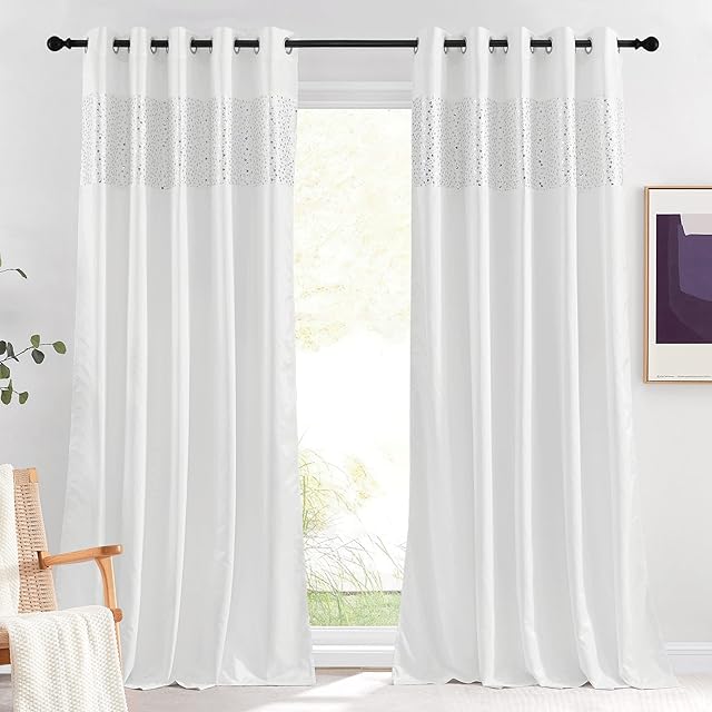 PONY DANCE White curtains 90 inches drop Satin Fabric Sequins Backdrop Curtain Shiny Drapes Elegant Home Decor Window Curtains for Living Room/Bedroom, Glitzy Eyelet Curtains, 2 Panels