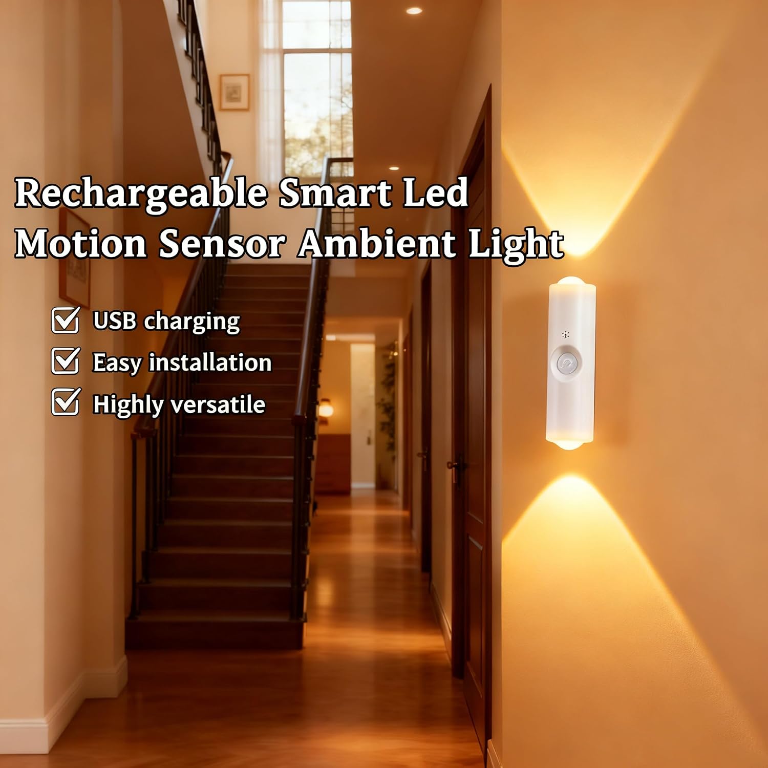 Rechargeable Smart LED Motion Sensor Ambient Light，Punch-Free Color Changing Motion Sensor Light ，7-Color Gradient RGB Lighting Effect，Auto-On/Off ，for Stairs, Hallway，Cabinet，Wardrobe (Wood,6 pcs)