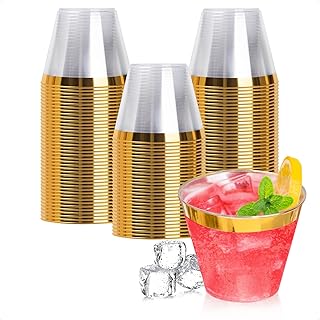 Goodluck 100PCS 9oz Gold Plastic Cups for Party, Disposable Gold Rim Cups, Plastic Cocktail Glasses for Wedding Thanksgiving, Christmas, and Parties