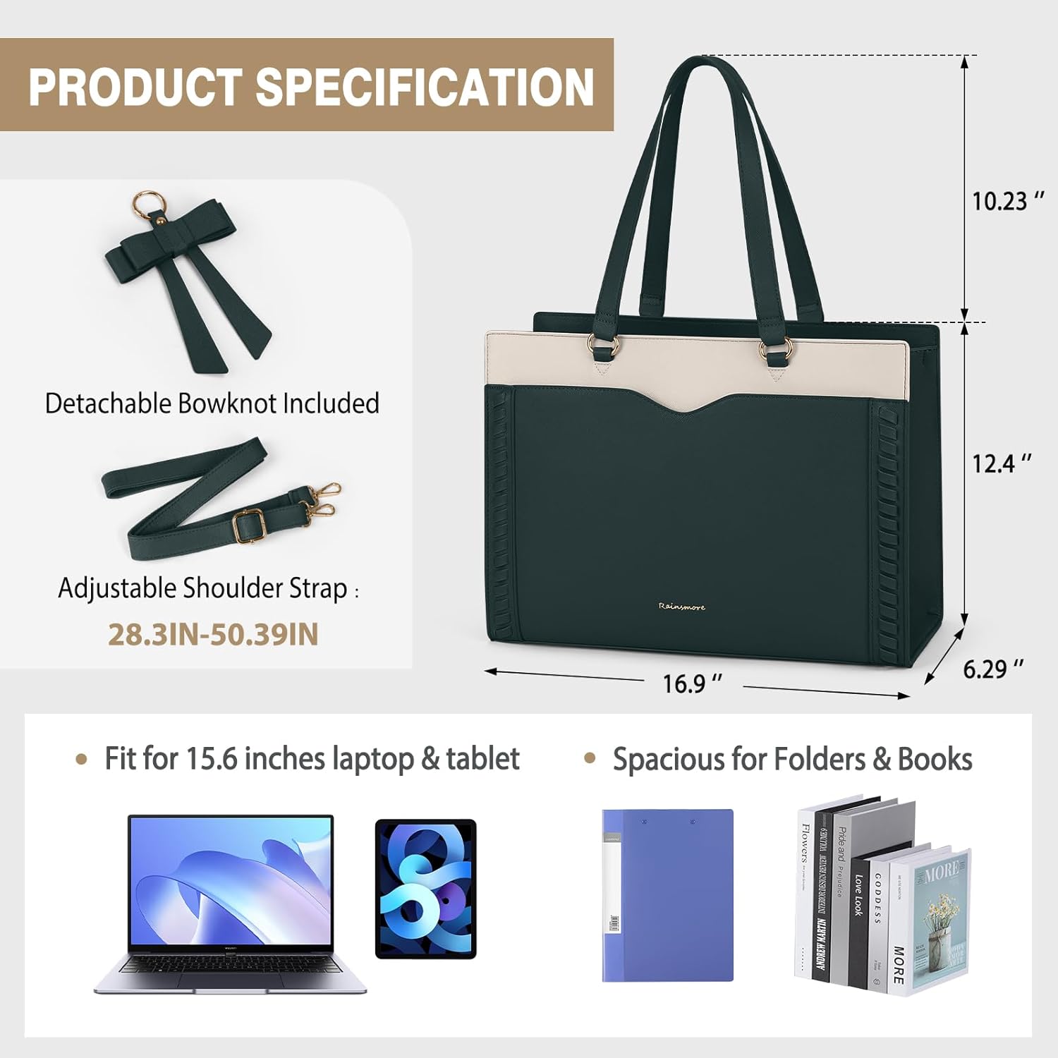 RAINSMORE Laptop Bag for Women 15.6 Inch Work Tote Bag with Detachable Strap & Bow Professional Laptop Tote with Cup Holder