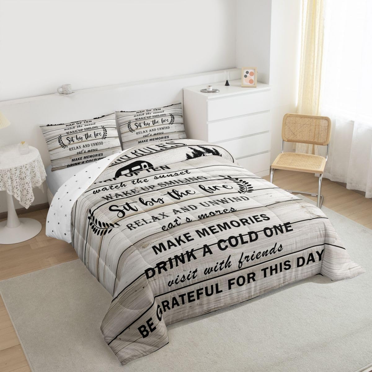 Camper Comforter Set Queen, Happy Camping Bedding Set Rv Decorations For Inside Camper Quilt Rustic Farmhouse Bedding Comforter Sets For Travel Trailers Vintage Wooden Planks Quilted Duvet 3Pcs