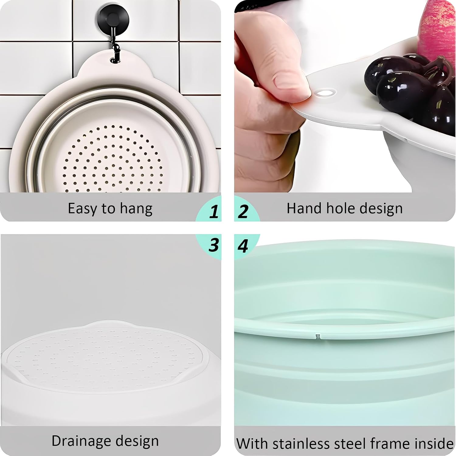 Collapsible Silicone Colander Basin Set, Thickened Strainer bowl, for Kitchen, RV, Camping, Draining Pasta, Washing Fruit, Vegetable