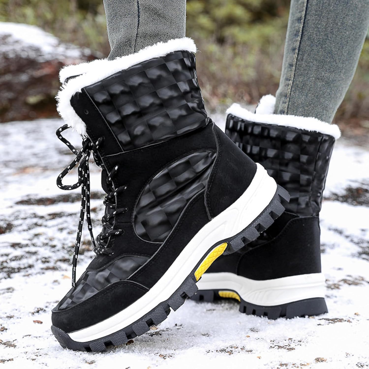 Women’s Winter Waterproof Cold Lace-Up Snow Boots Outdoor Thickened Warm Fully Fur Lining Mid-Calf Boots with Reflective Bright Surface Anti-Slip