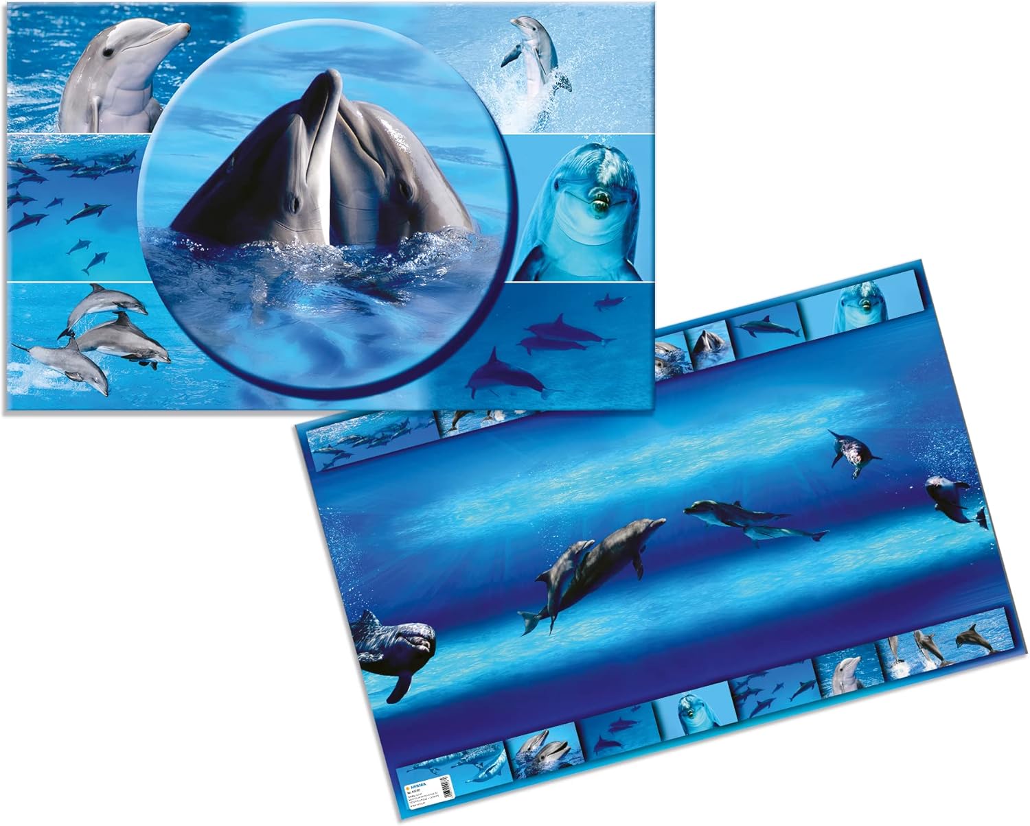HERMA 19087 Desk Mat Animals Dolphin, Wipe-Clean Children's Desk Mat Made of Cardboard, 55 x 35 cm, Double-Sided Motif Table Mat for Girls and Boys
