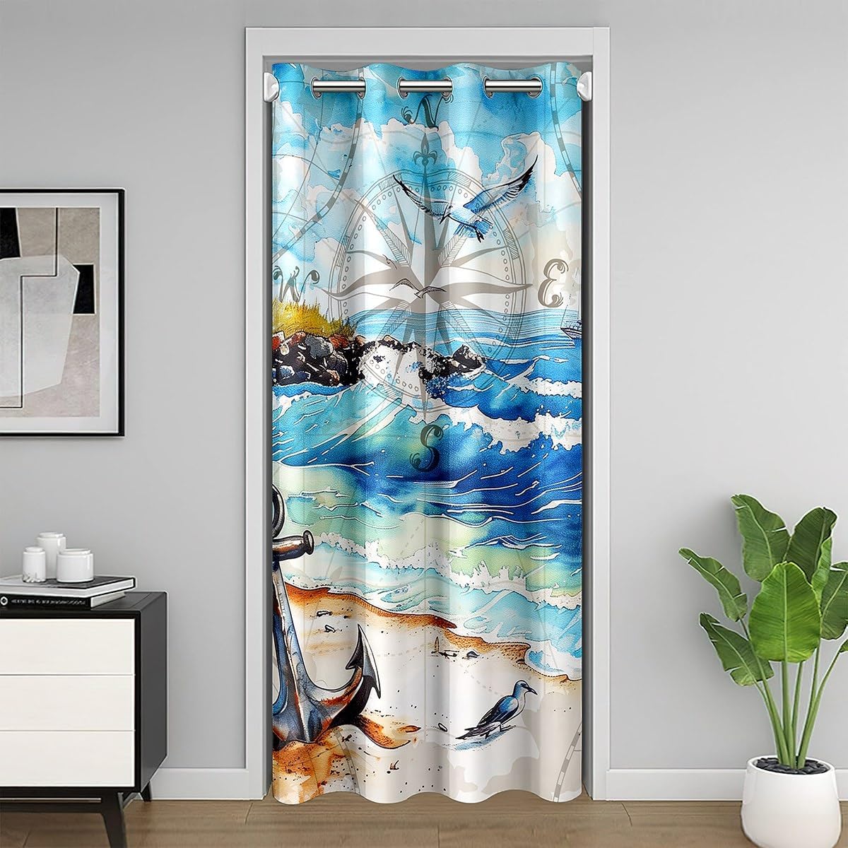 Castle Fairy Ocean Beach Door Curtain for Youth Adult,Lighthouse Starfish Shell Bird Print Closet Door Curtain 52" W X 80" L,Blue Sea Scenery Natural Doorway for Partition Privacy Shading Decor