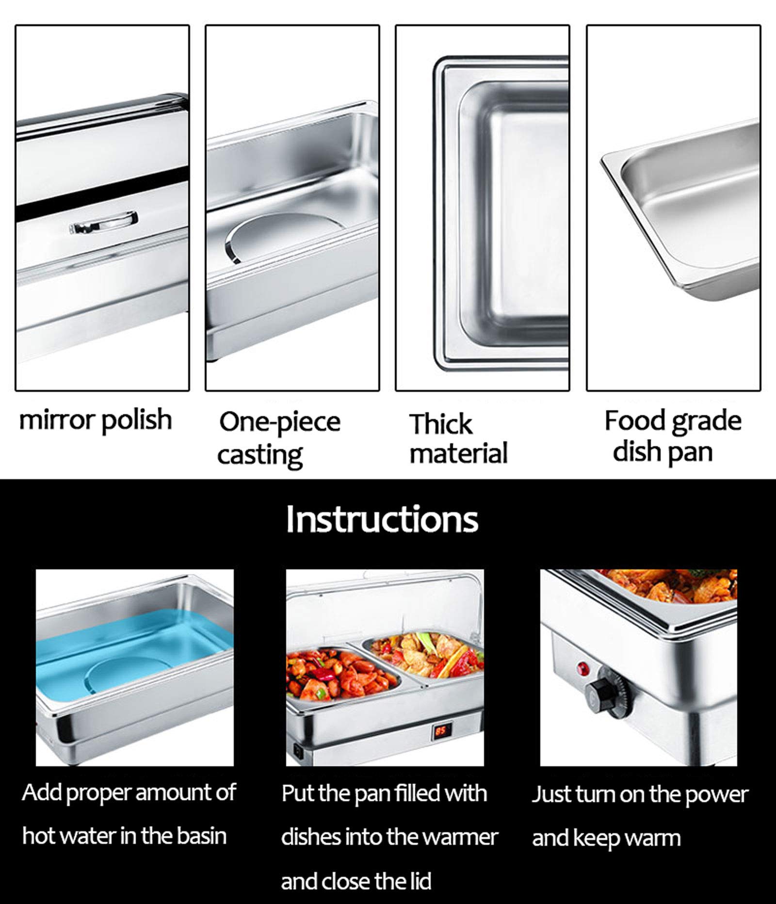 Scaldavivande Elettrico Acciaio Inox, Chafing Dish, Contenitore Termico Scalda Cibo Chafing Dish da Tavolo Elettrico per Mantiene in Caldo i Cibi del Buffet, 600W/220V