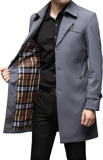 Mens Long Lightweight Lapel Jacket Slim Fit Single Breasted Casual Outerwear Fall Windbreaker Butttons Trench Dark Blue 3,Large