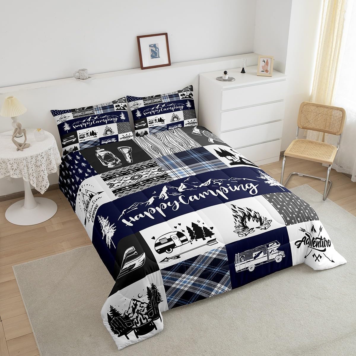 Camping Adventure Comforter Set Queen Size,RV Camper Accessories for Travel Trailers Bedding Set for Women Adult,Rustic Blue Plaid Boho Aztec Exotic Luxury Bed Duvet Insert, 2 Pillowcases image 4