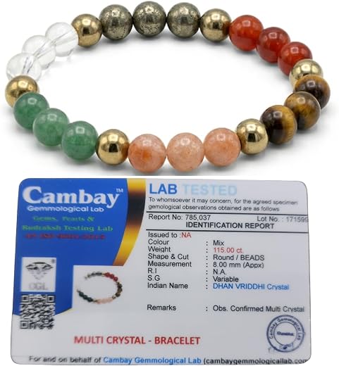 Real Crystal Dhan Vriddhi 6-Stone Bracelet (8mm) | Pyrite, Jade, Sunstone, Carnelian, Tiger Eye &amp; Clear Quartz | Multi-Col...
