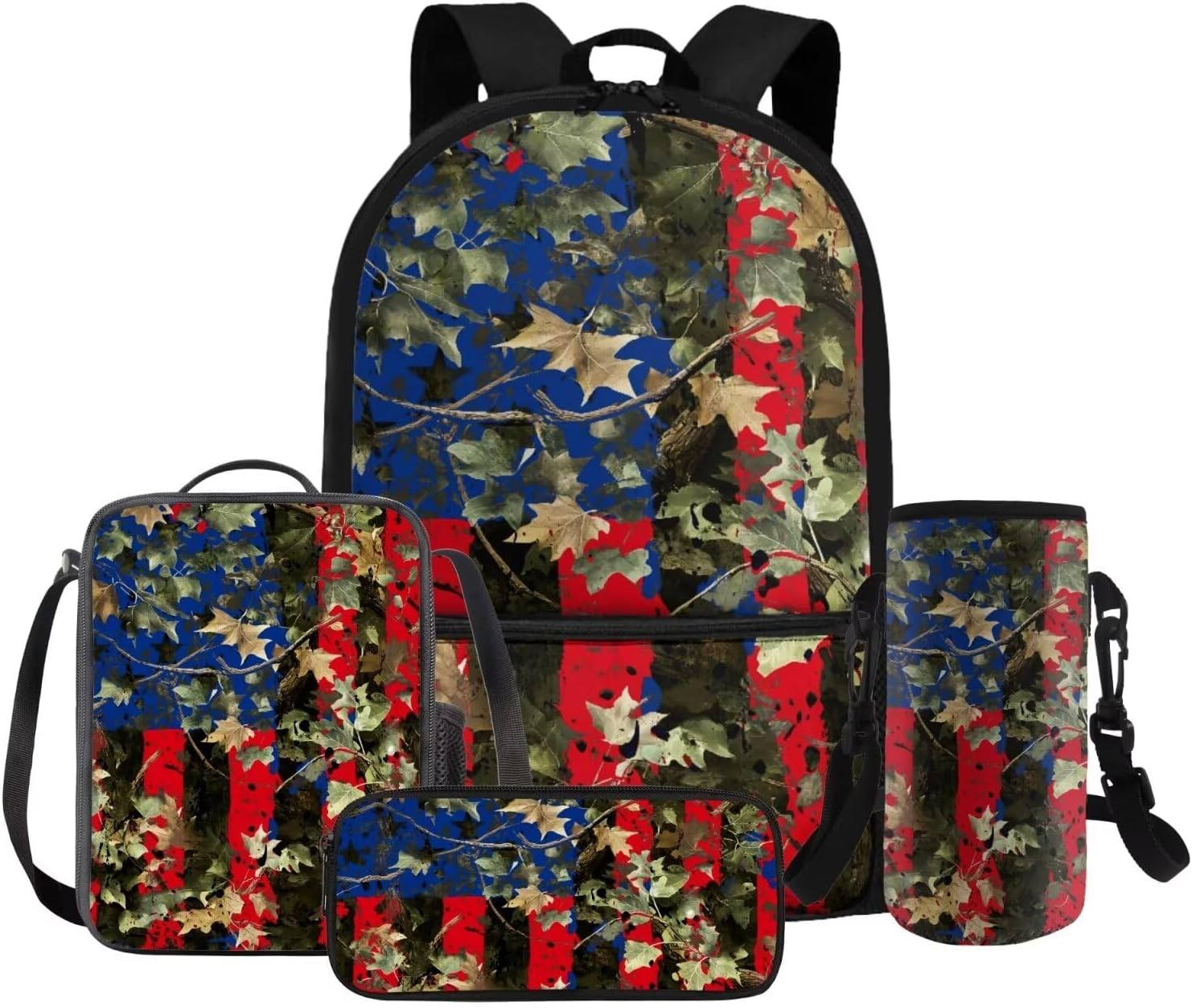 Rnyleeg American Flag Leaf Bookbag for Boys 8-12 Lightweight School Backpack with Lunch Box Set 4 pcs Boys BookBag Set for Elementary Middle School Basics Backpack for School Study Travel