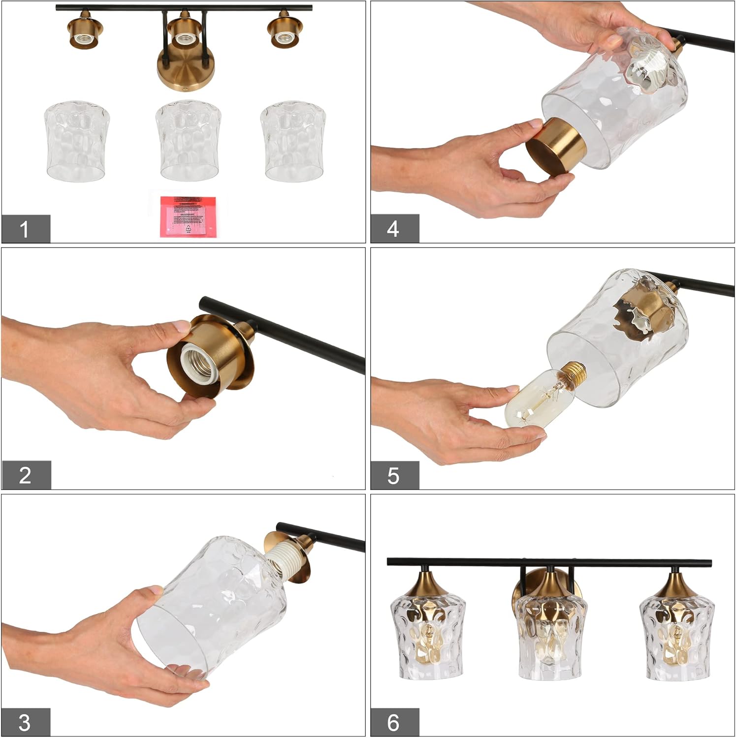 Six-step visual guide for installing the ZEVNI vanity light fixture. Steps include unpacking components, attaching the lamp holder, securing the glass shade, inserting the bulb, and final assembly.