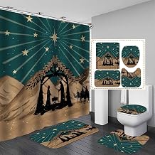 4PCS Christmas Shower Curtain Sets with Rugs, Waterproof Fabric Shower Curtain, Nativity Scene Dark Green Galaxy Bethlehem Star Manger Wise Men Mountain Holiday Winter Xmas Bathroom Decor