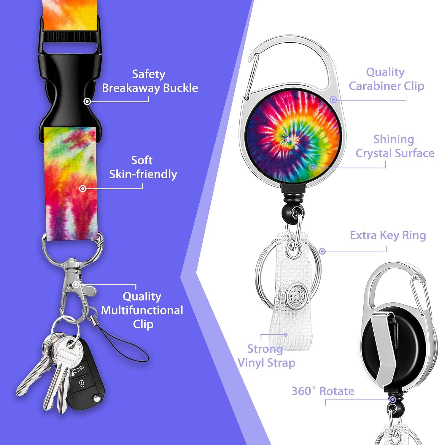 Rainbow Tie Dye Retractable Badge Holders with Lanyard,Retro Swirl Id Card Holder Keychain Vertical ID Protector Clips,Funny Name Tags Clips with Heavy Duty Badge Reel for Women Men Rainbow Tie Dye Retro Swirl