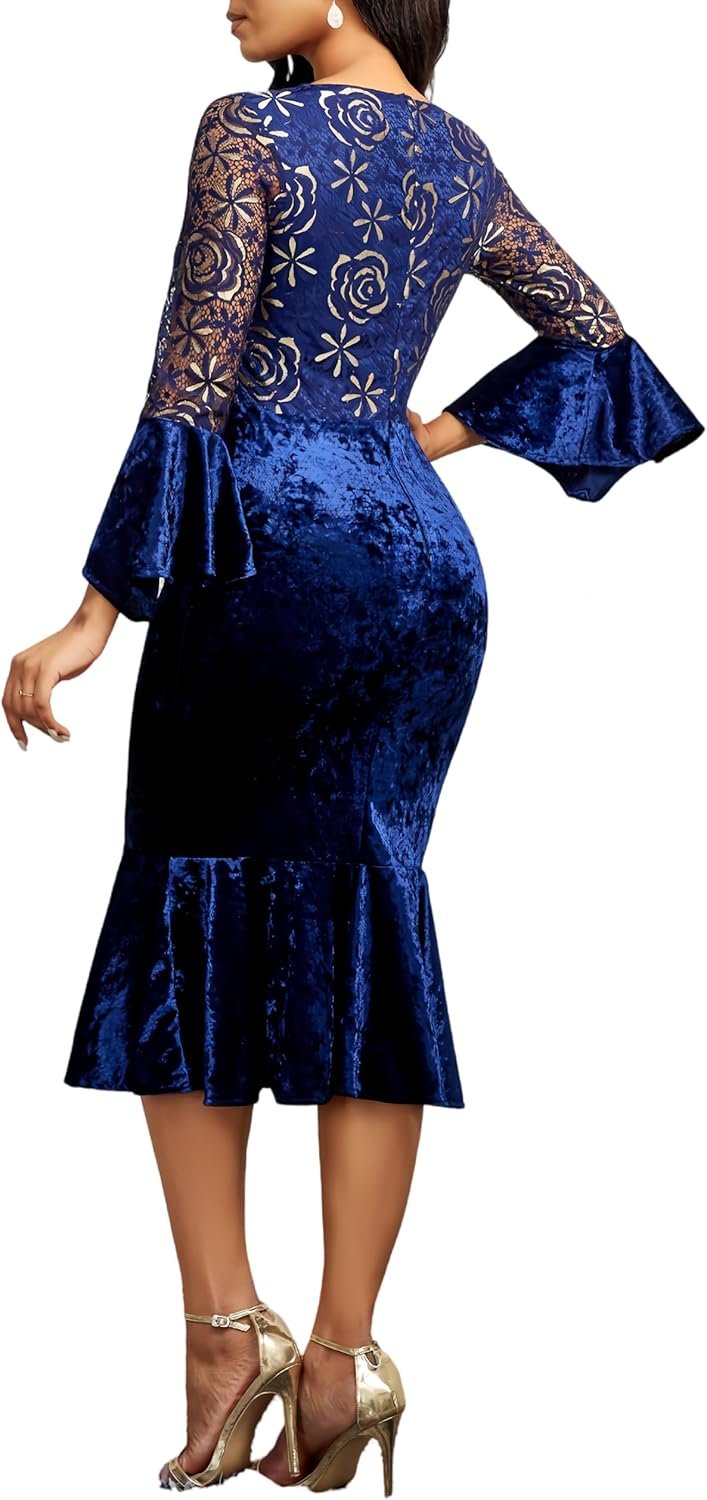 Midi Lace Dress for Women Sexy Bodycon Fishtail Dress Elegance Cocktail Party Banquet Church Outfits