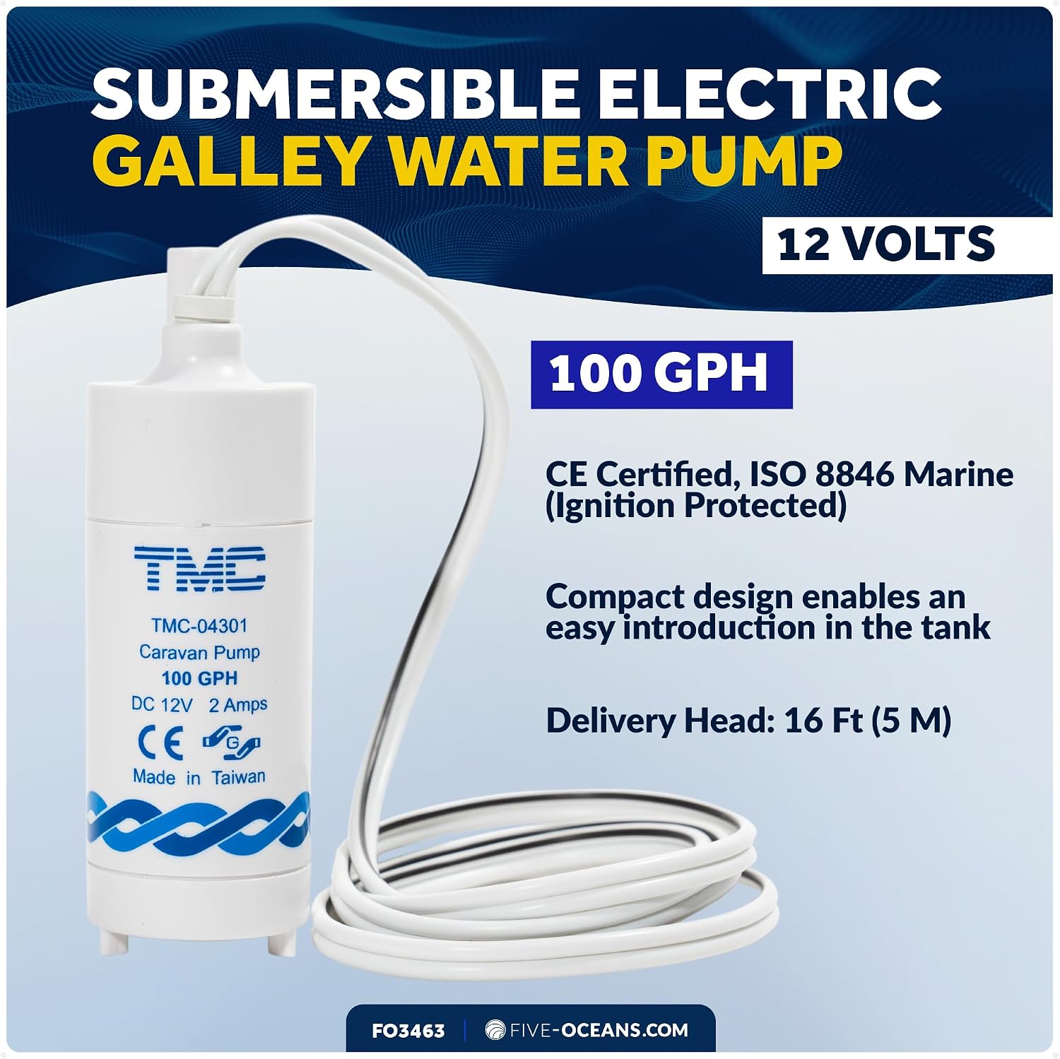 TMC 12V Submersible Water Pump, 100 GPH (378 LPH) Small Water Transfer Pump for RV, Camper, Trailer, Boat - Water Pump Camping for Portable Water Container or Tanks- FO-3463-1