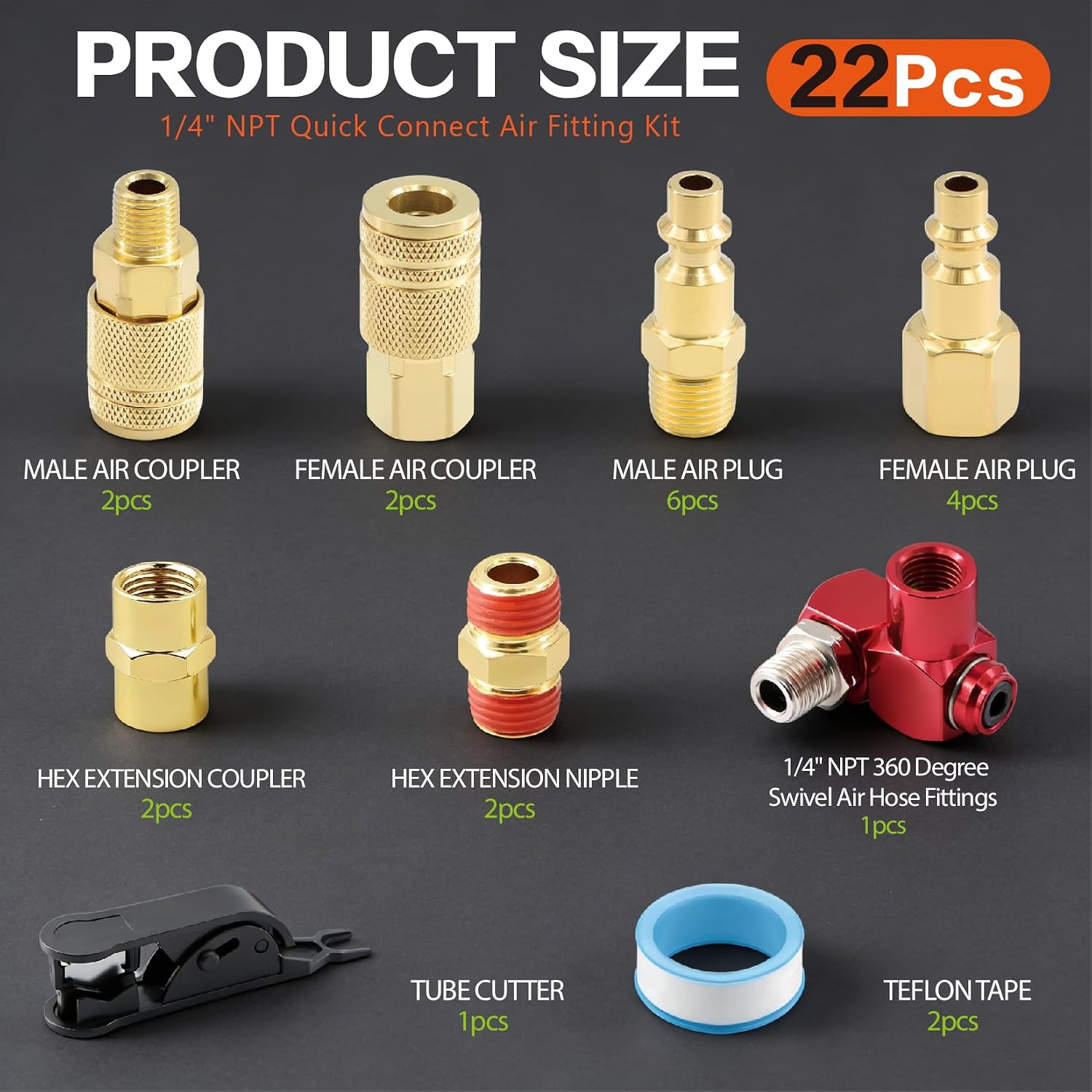 22PCS 1/4" Air Coupler Plugs Male Female Air Fittings Kit, NPT Thread Quick Connect 1/4 Inch with 1Pcs 360 Degree 1/4" Air Hose Fittings for Industrial Compressor