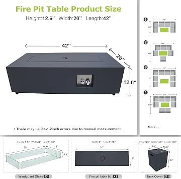 SUNPEAK 42 Propane Fire Pit Table with LED Light - 50,000 BTU with Wind Guard, Lid, Rocks and Cover - Outdoor Gas Fire Pit Rectangle - Coffee Table with Fire Pit (Black/RGB Light, 42 LED)