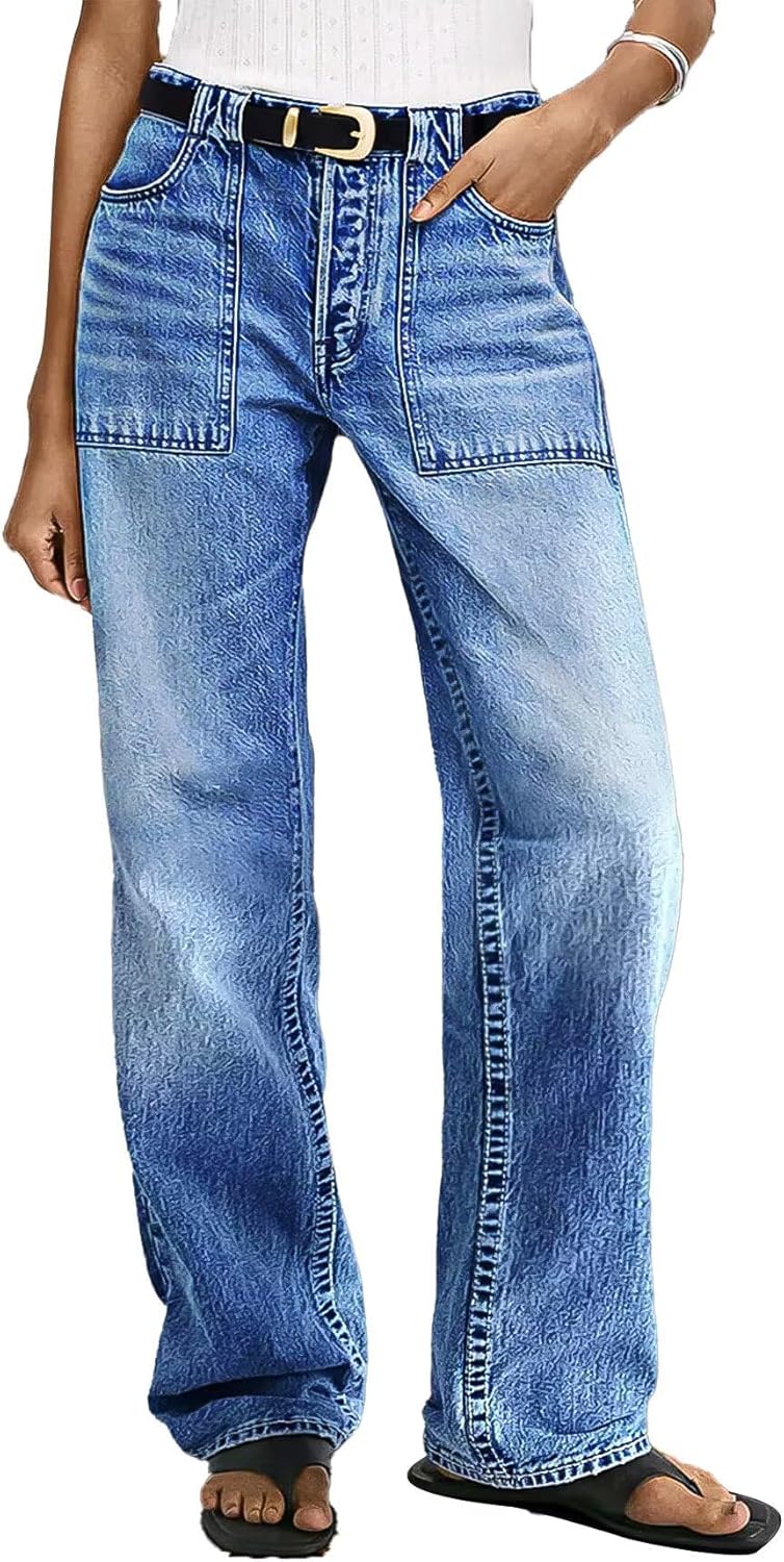 Flamingals High Waist Straight Leg Jeans for Women Stretchy Trendy Baggy Denim Jeans Without Belt