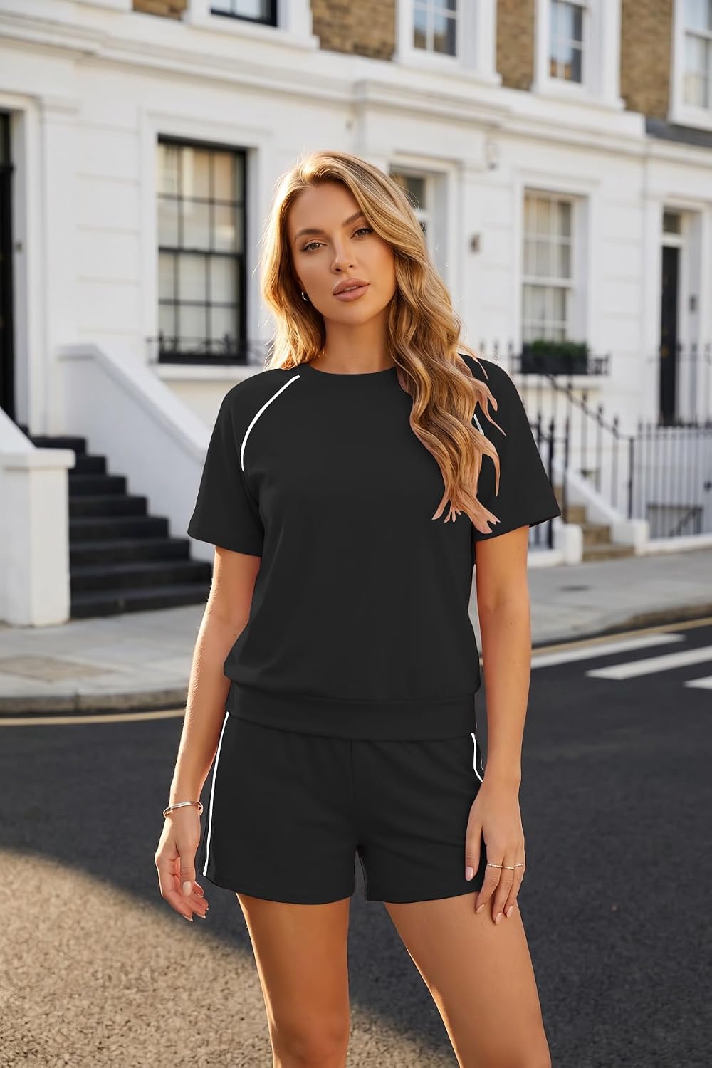 Bornpom Women 2 Piece Shorts Set Short Sleeve Summer Workout Outfits Casual Vacation Airport Travel Lounge Matching Set