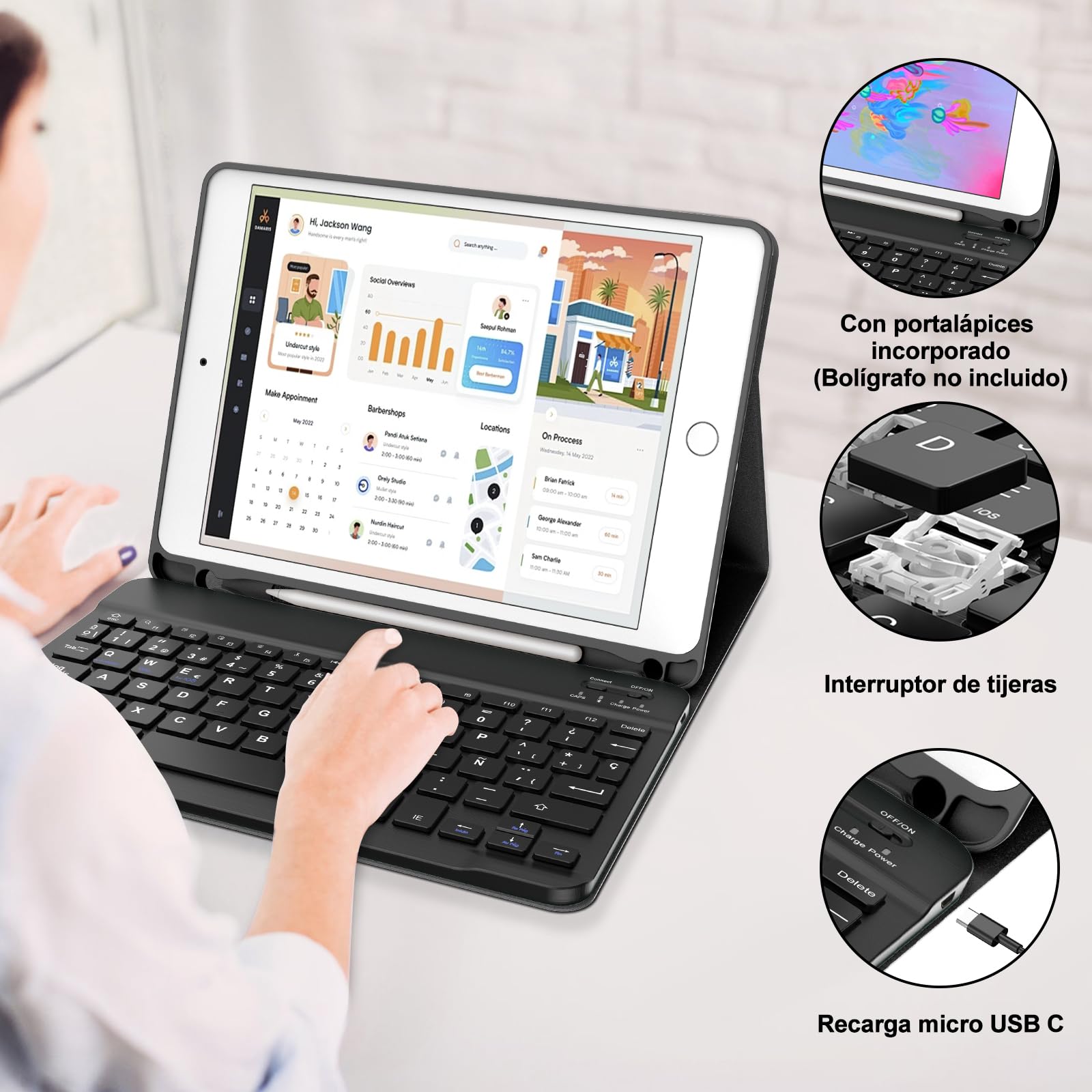 FOGARI Teclado para iPad 6/5 Generacion 2018/2017 9.7", Air 2/1 2014/2013, Español Ñ QWERTY Teclado Bluetooth Magnético Desmontable para iPad 6/5 Generación 2018/2017 9.7 Pulgadas, Negro