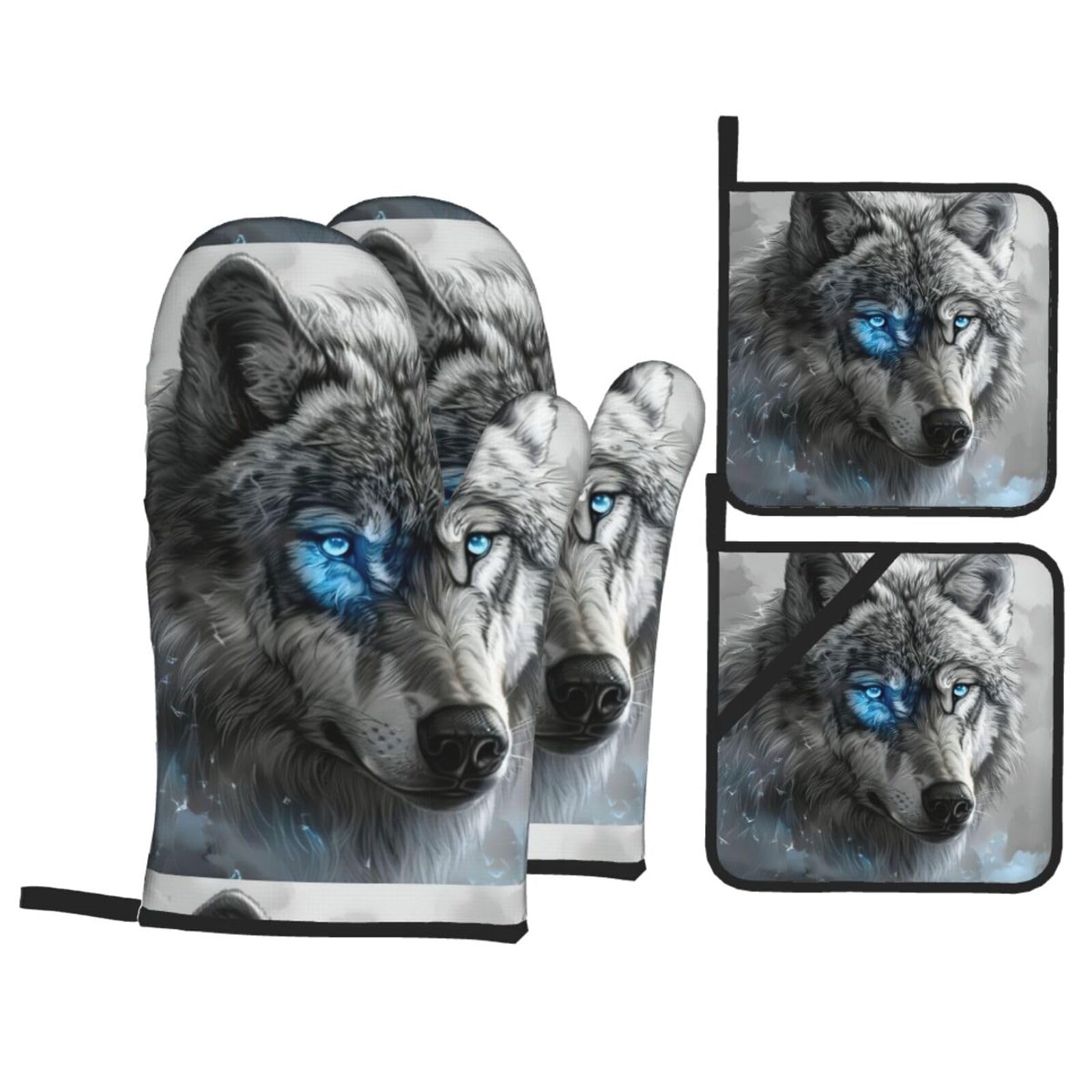 Blue Eyes Wolf Print Kitchen Oven Mitts And Pot Holders Set,Hanging Loop Design For Cooking Baking Bbq