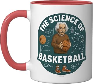 PROFESSOR ALBERT E. PRESENTS THE SCIENCE OF BASKETBALL Ceramic Mug, Red/White