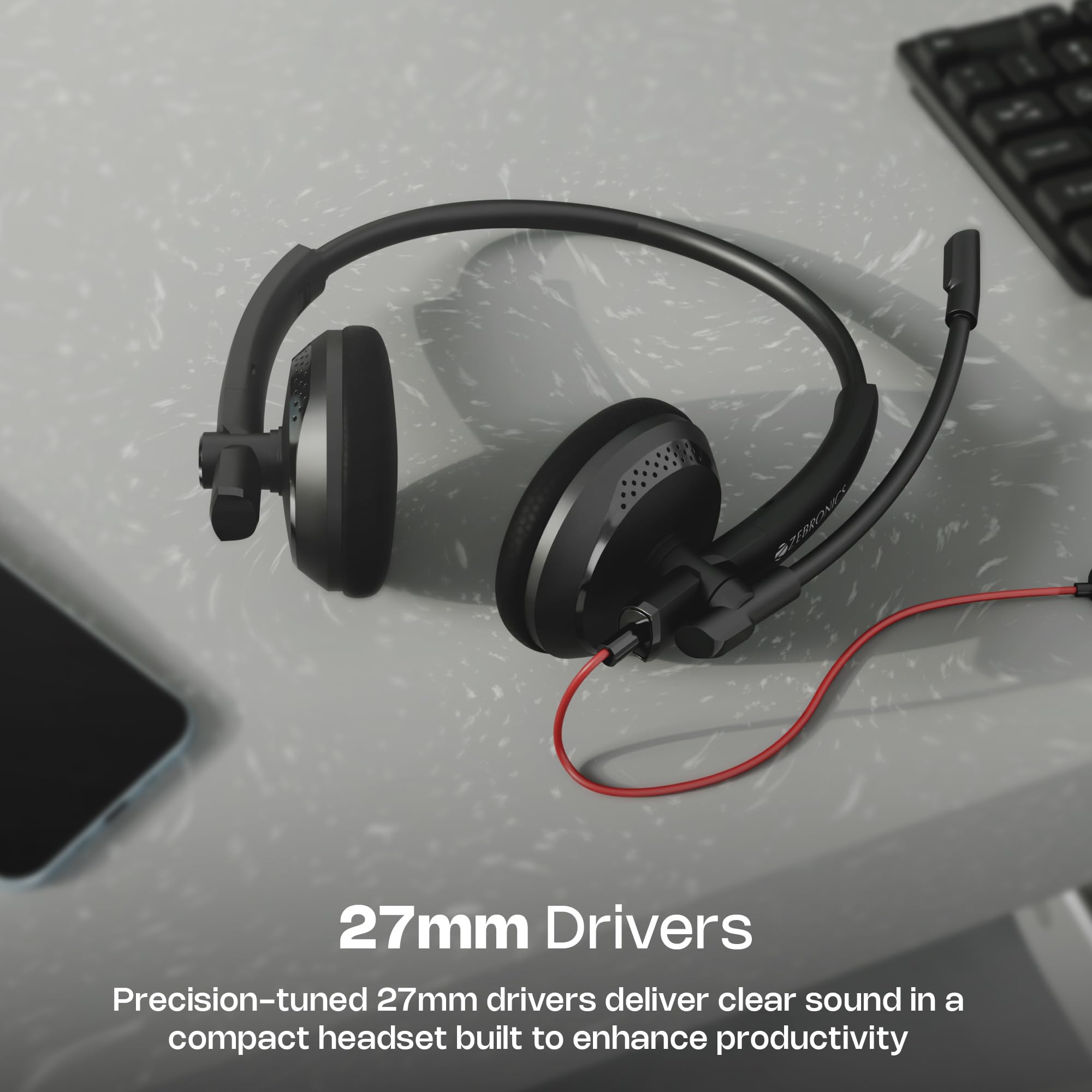 Zebronics USB Wired Headphones, 27mm Drivers, Adjustable Mic, 1.8m Cable, Adjustable Headband, Volume Control, Compatible with Laptop/PC (VCX 100) — Amazon image 2