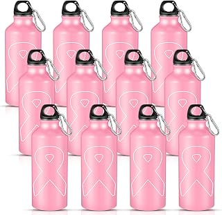 Tticai 12 Pieces Breast Cancer Awareness Aluminum Water Bottle Pink Ribbon Bike Water Bottle Reusable Bottles Leak Proof Lightweight Portable Bottles for Marathon Running