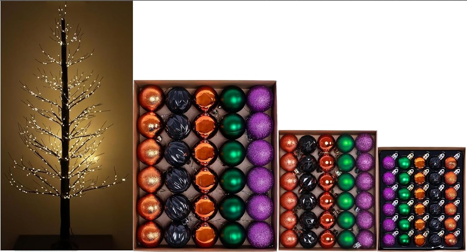 Bundle: 4ft 650-LED Lighted Black Christmas Tree (IP44 Waterproof, Indoor/Outdoor) + 90ct 3-Size (1.18-2.36") Shatterproof Halloween Balls (Purple/Orange/Green/Black) for Halloween/Fall/Christ