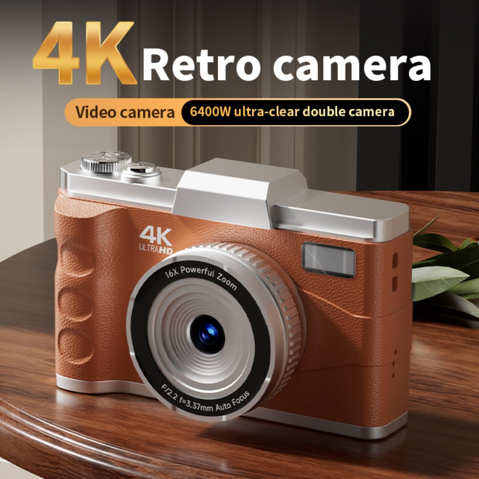Fotocamera digitale da 64 MP 4 K con messa a fuoco automatica per videocamera, schermo LCD da 3,0 pollici, zoom 16x, funzionamento manuale, fotografia di viaggio, marrone (nero)