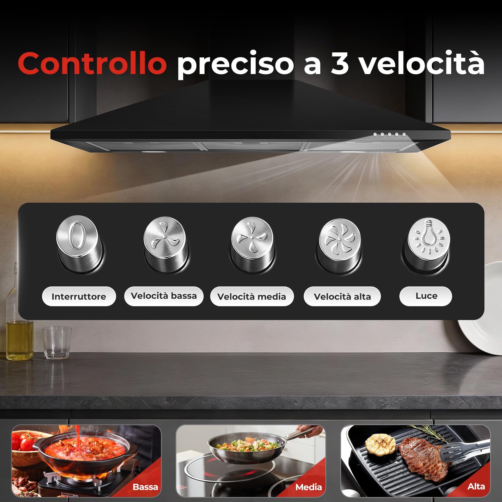 SNDOAS Cappa Cucina 90cm Nero, A+++ Cappa Aspirante con LED, Scarico/Ricircolo, 450 m³/h Cappa 90cm, Filtro a Carboni Incluso, 3 Velocità