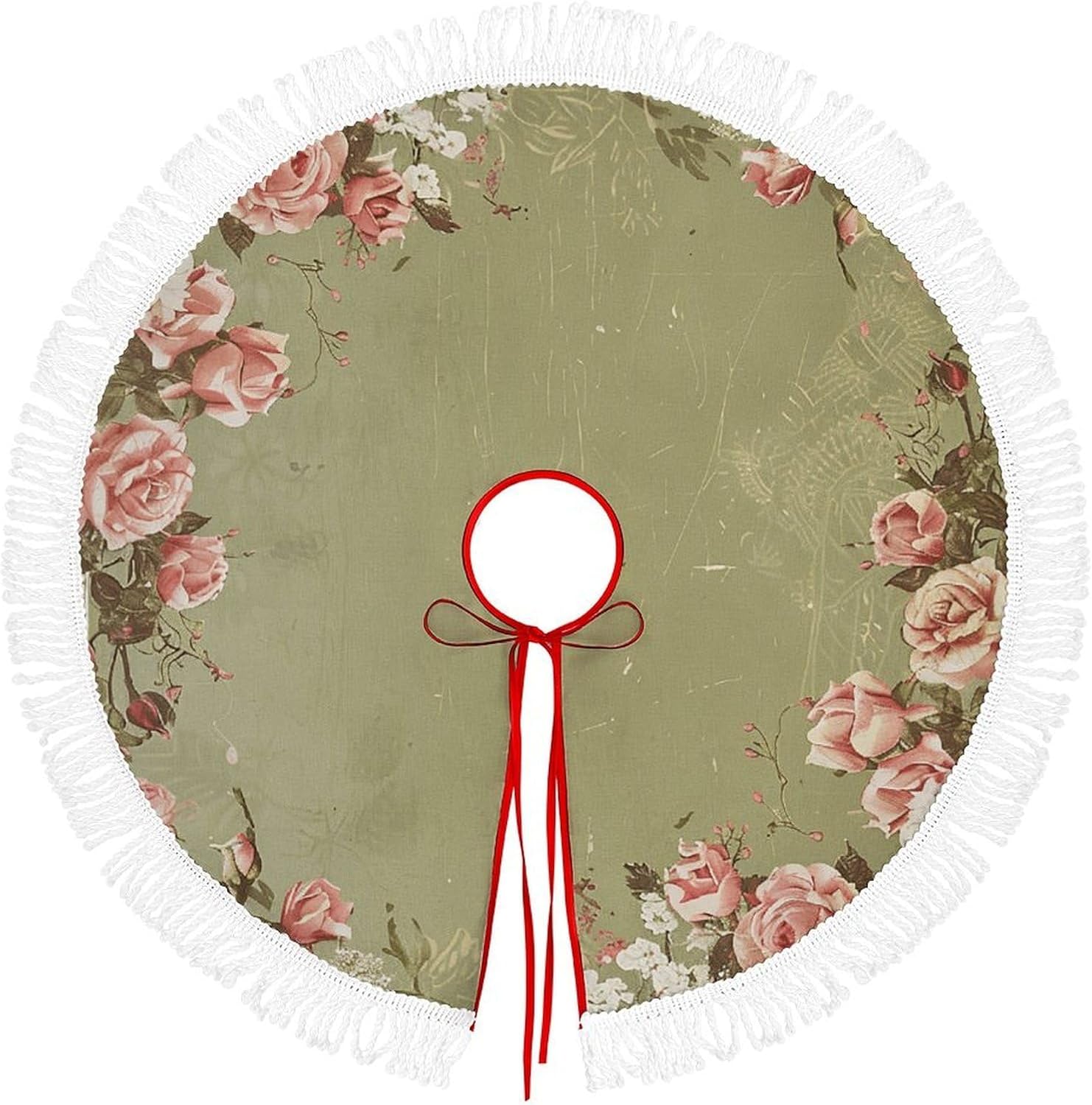 Christmas Tree Skirt Cute Xmas Trees Mat Skirts Personalization Christmas Round Tree Skirts for Holiday Party Decorative Supplies Vintage Scrapbook Rose